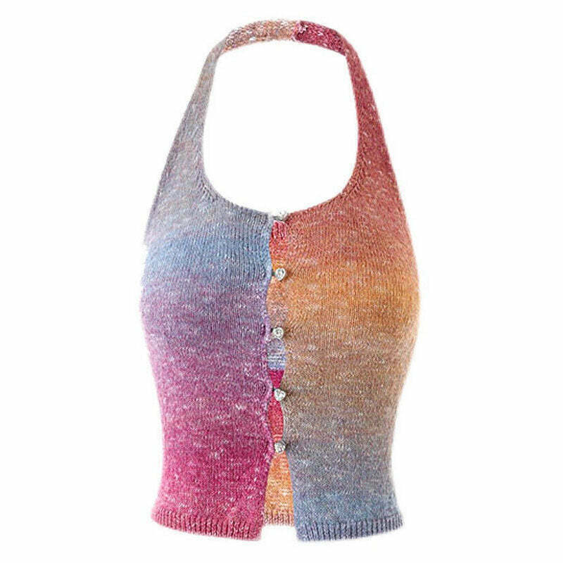 Gradient Rainbow Knit Halter Top - Y2K Vintage Fashion & Street Clothing for Trendy Looks