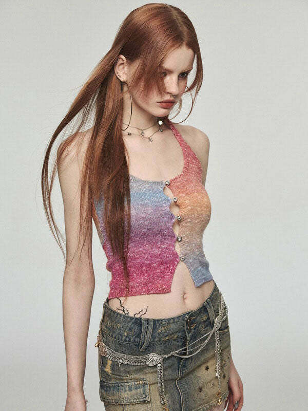 Gradient Rainbow Knit Halter Top - Y2K Vintage Fashion & Street Clothing for Trendy Looks