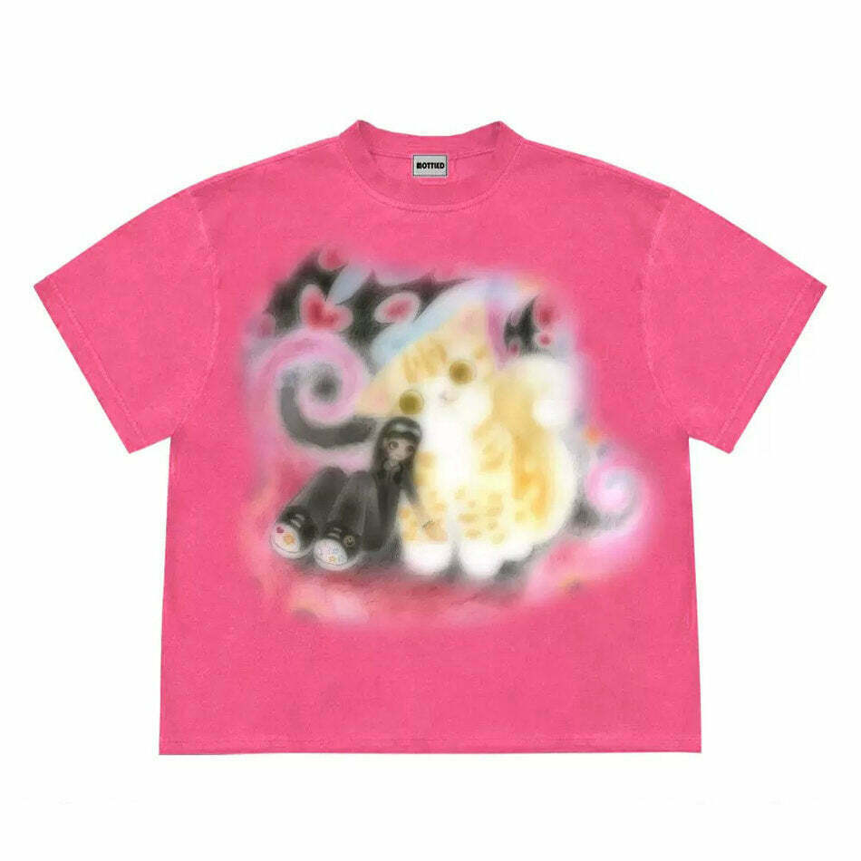 Graffiti Dreams Cat Shirt - Y2K Grunge Design for Men | Trendy Embroidered Cat Tee