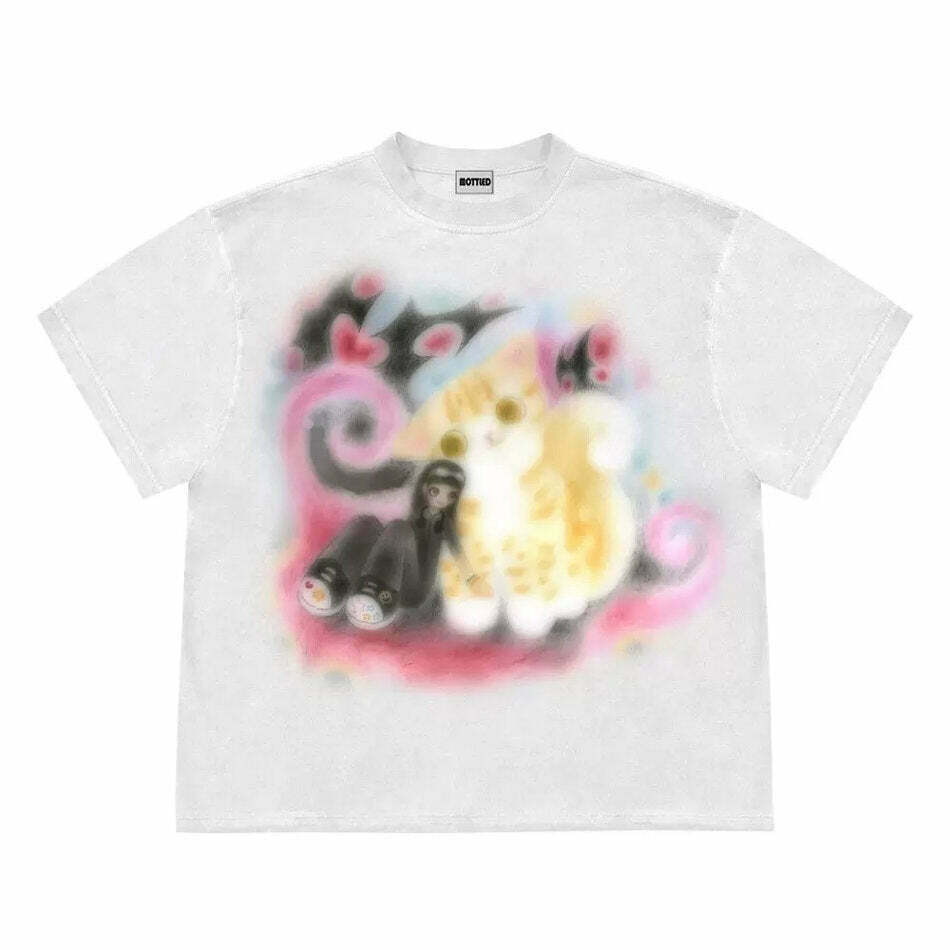 Graffiti Dreams Cat Shirt - Y2K Grunge Design for Men | Trendy Embroidered Cat Tee