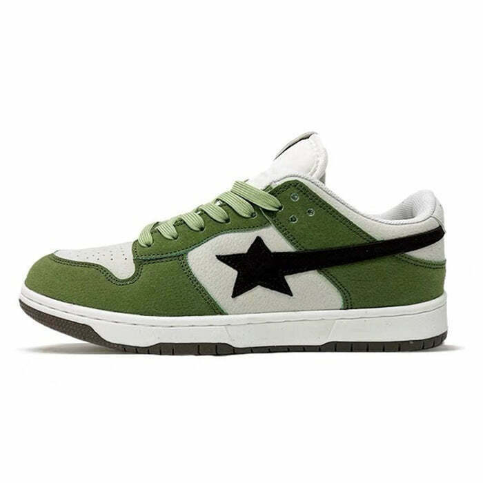 Green & Black Aesthetic Star Sneakers for Y2K Fashion, Grunge Style, and Retro Outfits