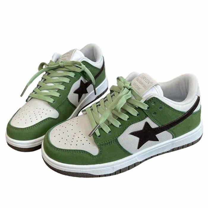 Green & Black Aesthetic Star Sneakers for Y2K Fashion, Grunge Style, and Retro Outfits