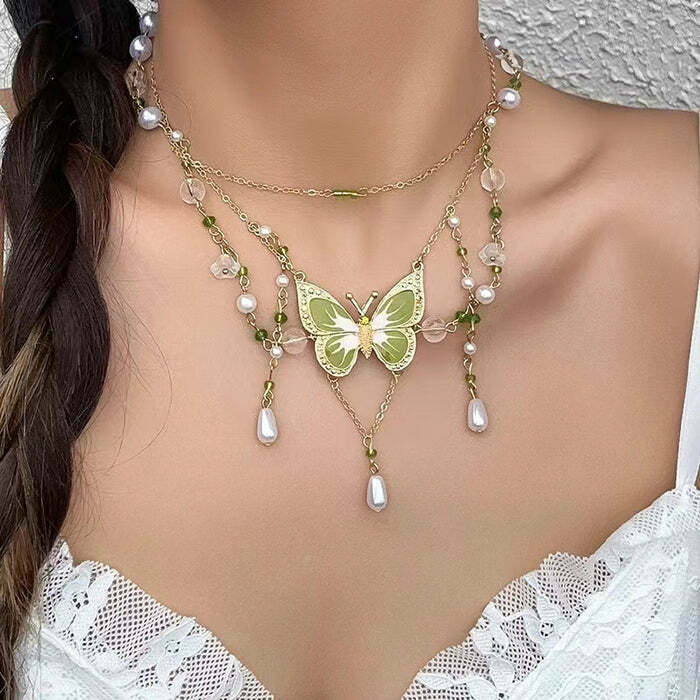 Green Butterfly Aesthetic Layered Necklace - Trendy Y2K Fashion Accessory for Unique Style