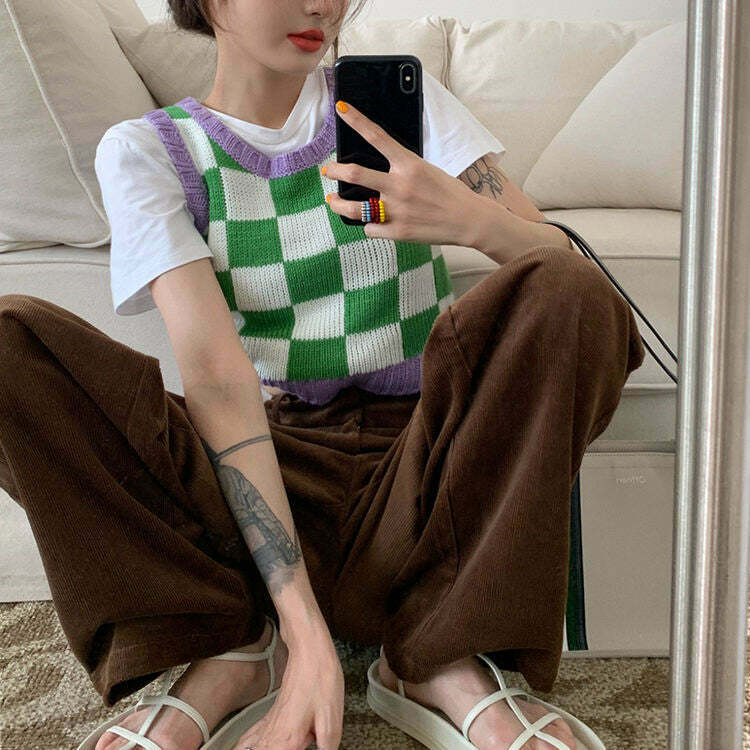 Green & Lavender Checkered Vest - Y2K Grunge Fashion for Retro Style Enthusiasts