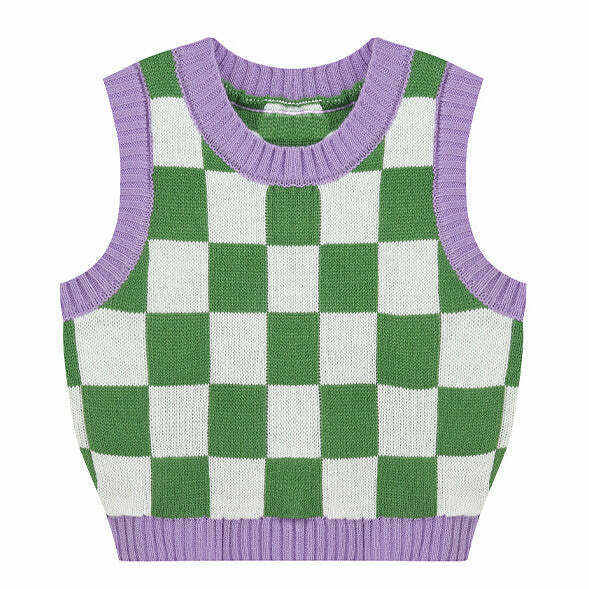 Green & Lavender Checkered Vest - Y2K Grunge Fashion for Retro Style Enthusiasts