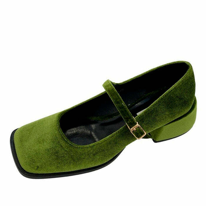 Green Velvet Mary Janes - Y2K Style Footwear for Trendy Outfits and Grunge Fashion