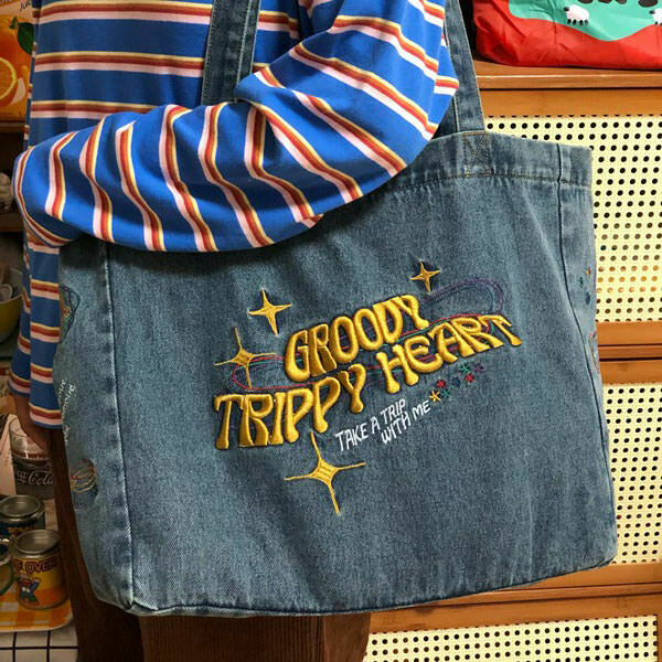 Groovy Trippy Heart Blue Denim Bag for Y2K Fashion, Grunge Style, and TikTok Outfits