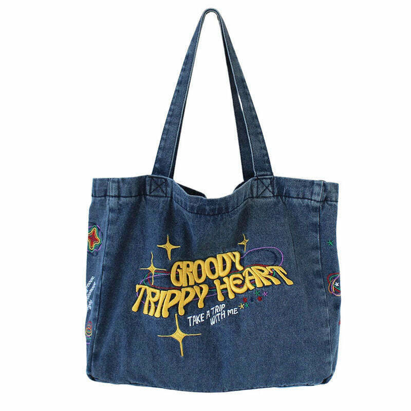 Groovy Trippy Heart Blue Denim Bag for Y2K Fashion, Grunge Style, and TikTok Outfits