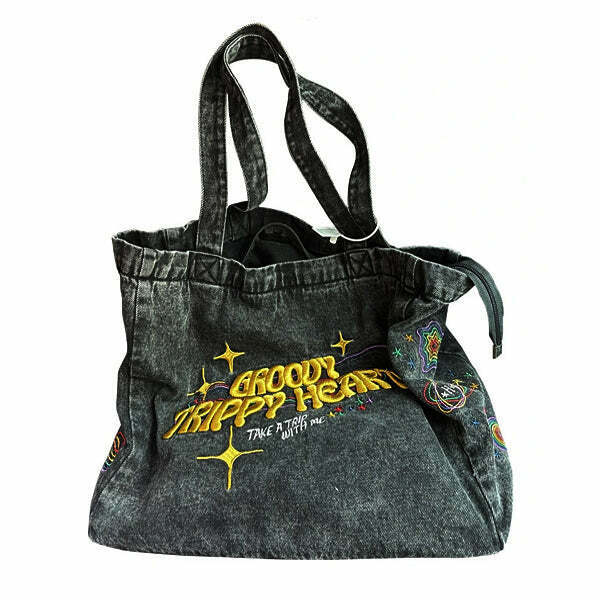 Groovy Trippy Heart Denim Bag - Y2K Fashion Statement for Trendy Style Enthusiasts