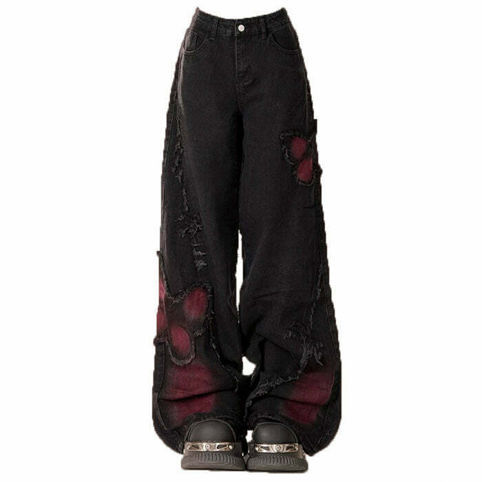 Grunge Aesthetic Black & Red Butterfly Jeans for Modern Y2K Style and Fashion Trends