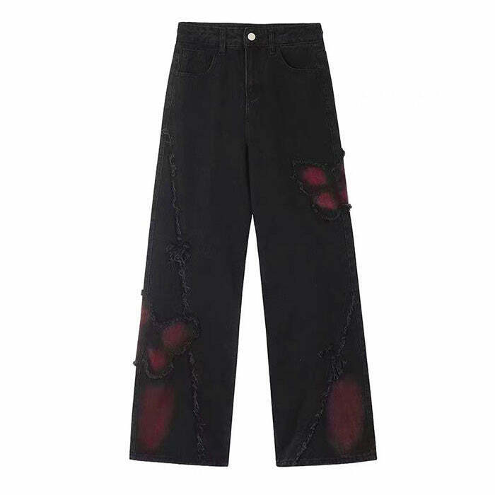 Grunge Aesthetic Black & Red Butterfly Jeans for Modern Y2K Style and Fashion Trends