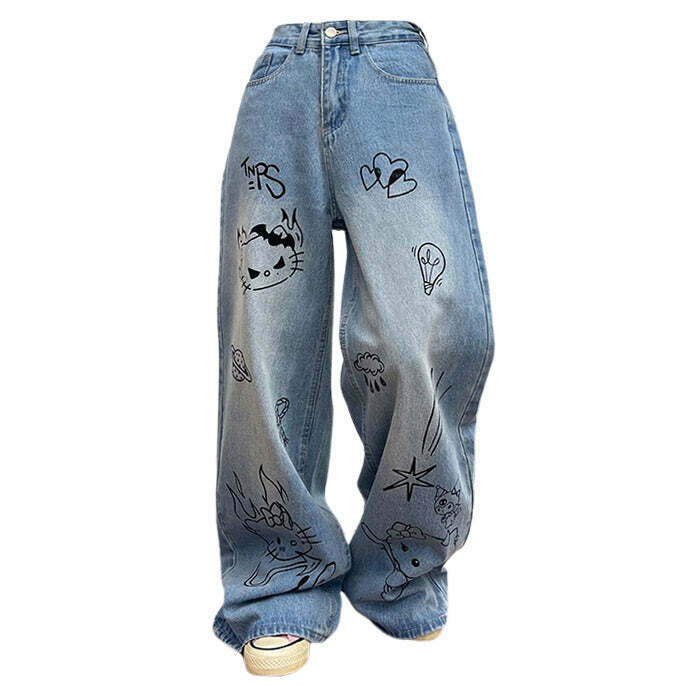 Grunge Aesthetic Blue Cat Jeans for Y2K Fashion Lovers - Trendy Grunge Style Apparel