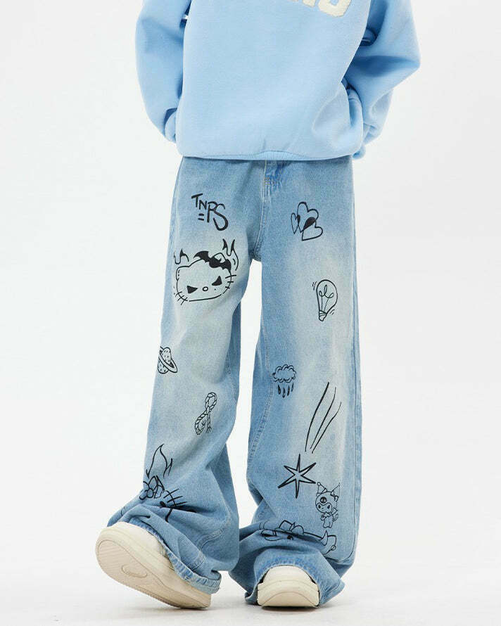 Grunge Aesthetic Blue Cat Jeans for Y2K Fashion Lovers - Trendy Grunge Style Apparel