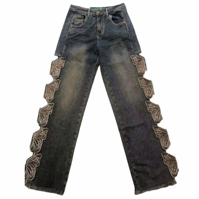 Grunge Aesthetic Butterfly Cut Out Jeans for Y2K Fashion Lovers and Scene Outfits