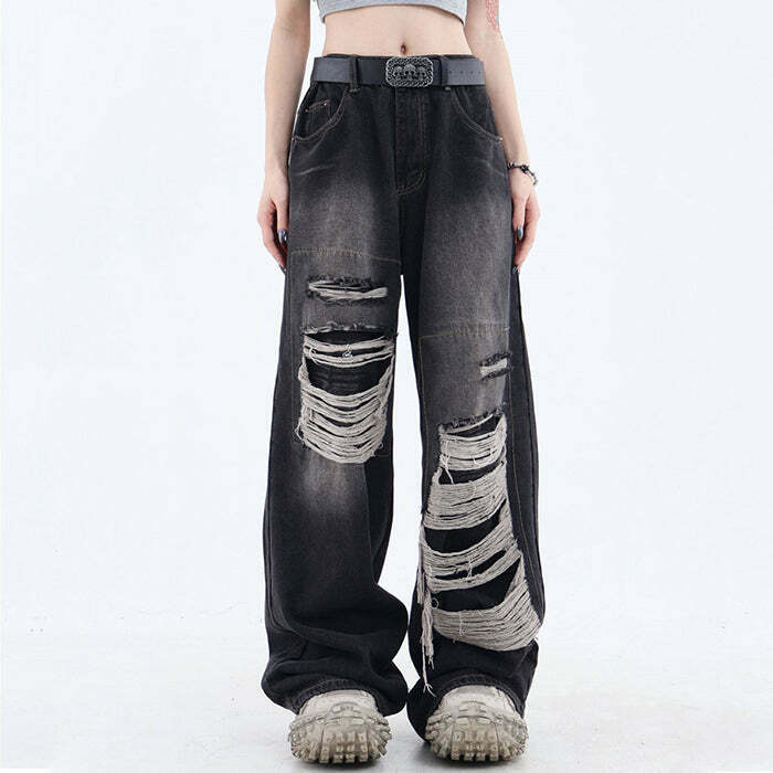 Grunge Aesthetic Ripped Wide Jeans for Y2K Fashion - Trendy 2000s Style & Outfits