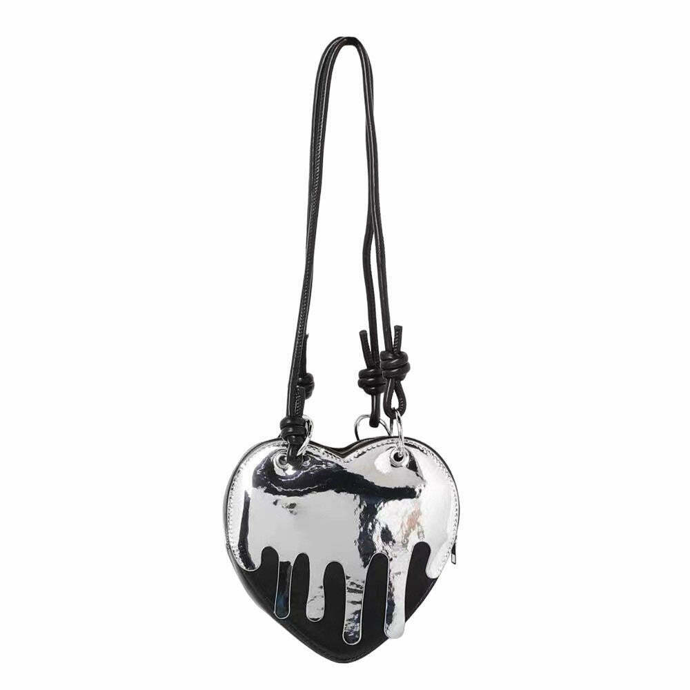 Grunge Silver Drip Heart Handbag - Y2K Style Grunge Handbag for Street Fashion Lovers