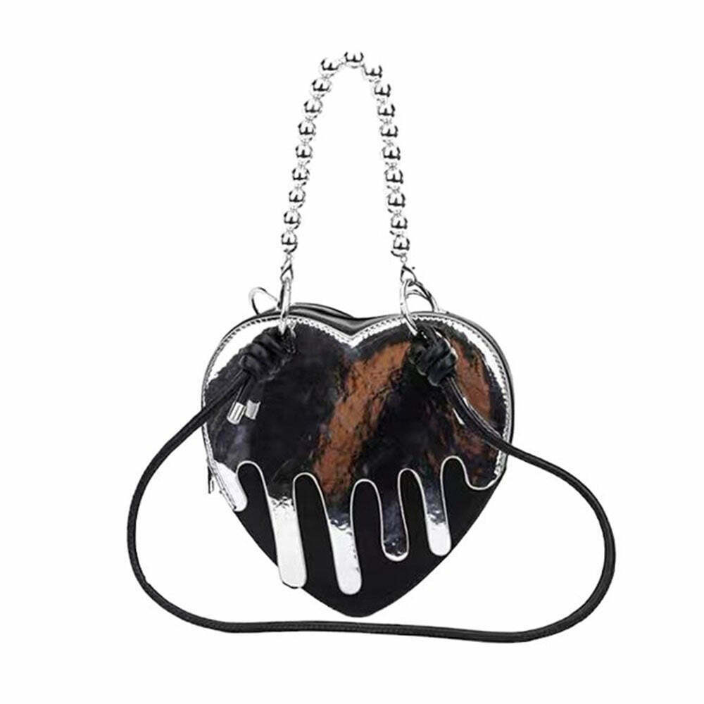 Grunge Silver Drip Heart Handbag - Y2K Style Grunge Handbag for Street Fashion Lovers