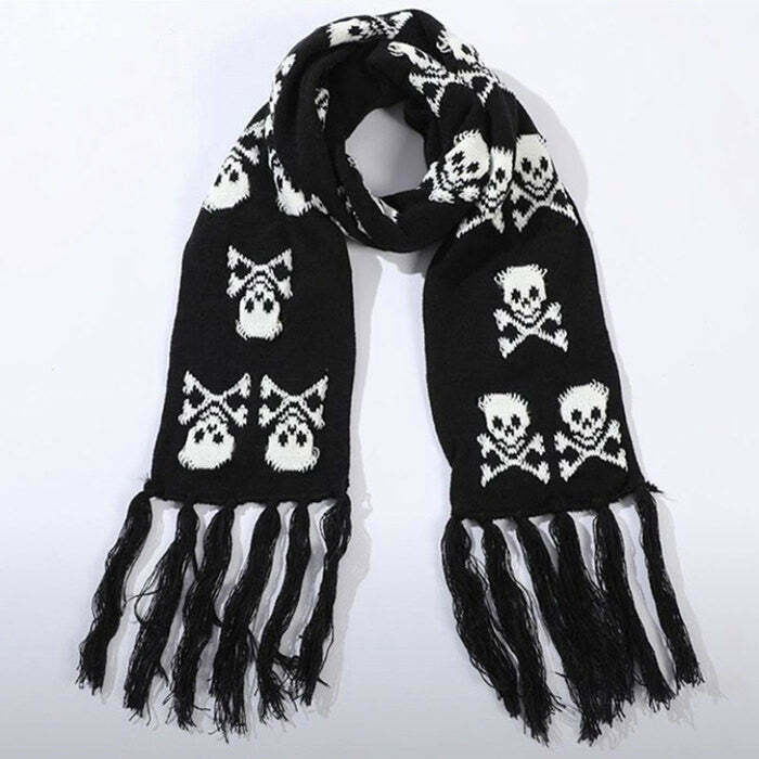 Grunge Skull Knitted Scarf - Vintage Y2K Style for Trendy Cyber Grunge Fashion