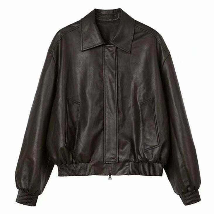 Grunge Sleaze Leather Bomber Jacket for Y2K Fashion - Cyber Style & Vintage Vibes