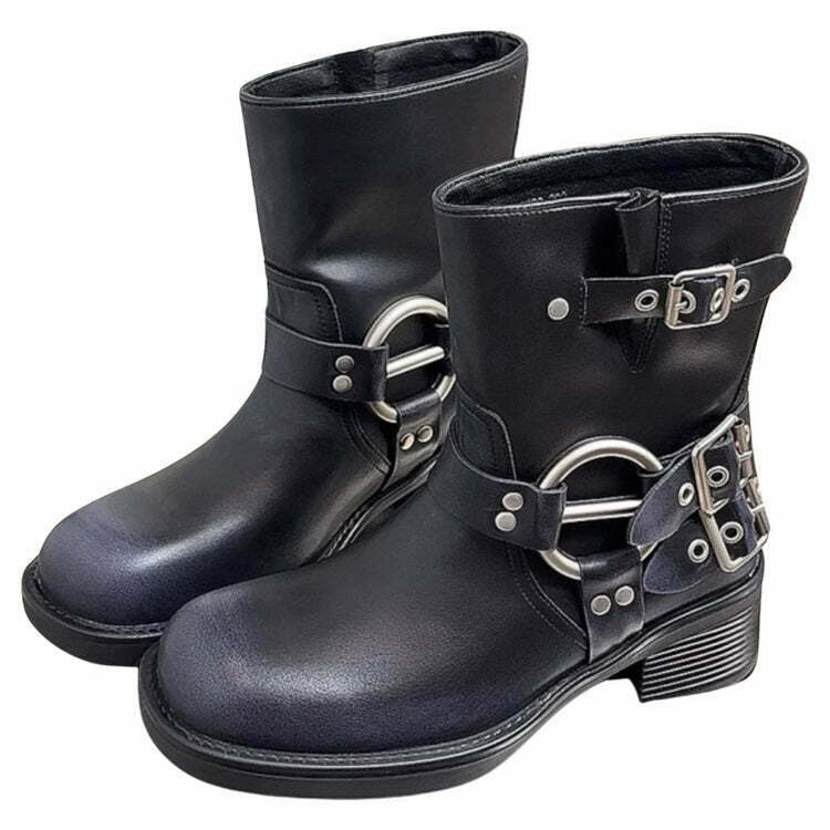 Grunge Sleaze Motorcycle Buckle Boots for Y2K Fashion and 90s Style Enthusiasts