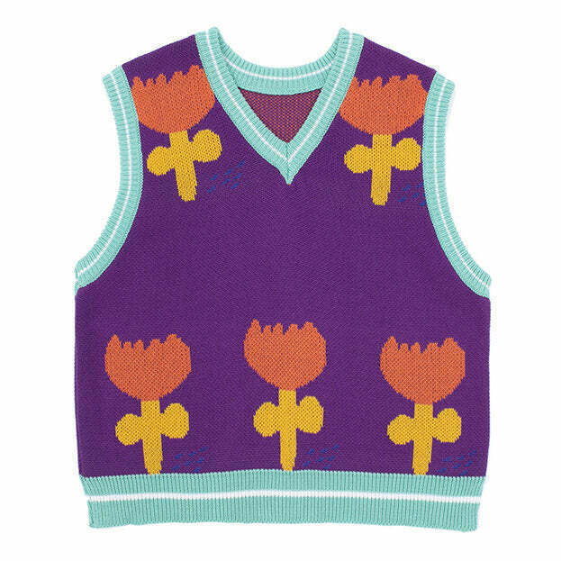 Happy Flower Knit Vest - Vintage Y2K Style Knit Vest for Aesthetic and Grunge Outfits