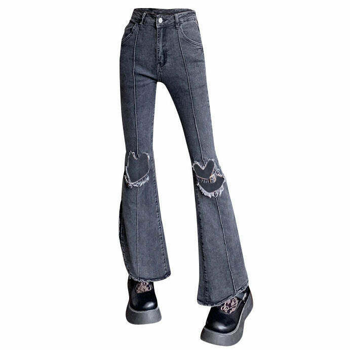 Heart Cut Out Grunge Flare Jeans for Y2K Style - Trendy Black Denim for Fall Outfits