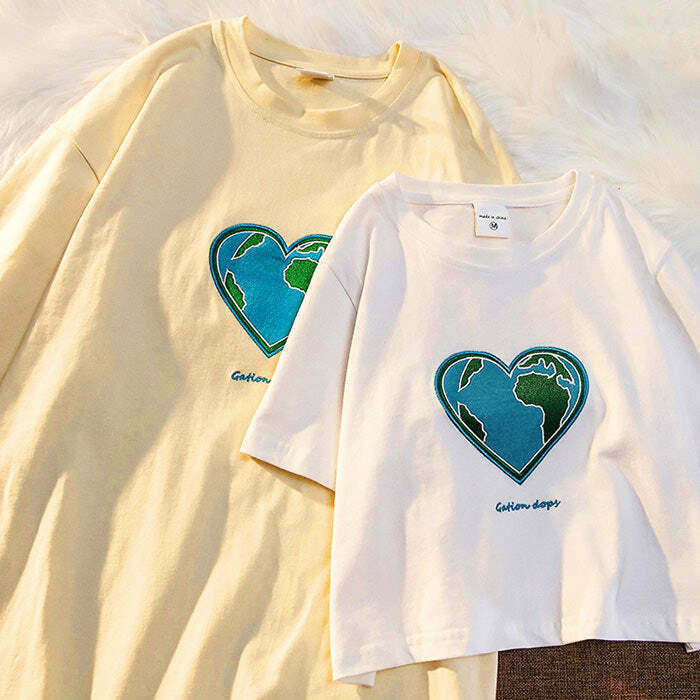 Heart Earth Embroidered Tee - Y2K Style for Trendy Outfits & Anime Fashion Lovers