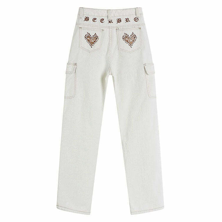 Heart Embroidery Cargo Jeans - Trendy Y2K Grunge Style for Unique Fashion Statements