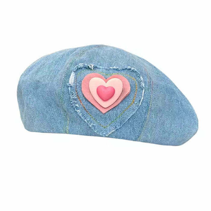 Heart Patch Denim Beret Hat - Trendy Y2K Grunge Style for Vintage Fashion Lovers