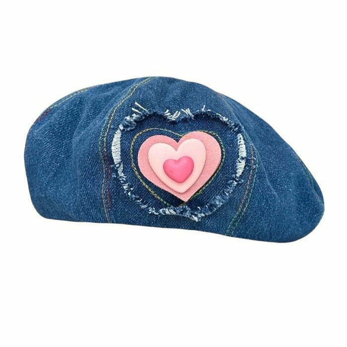 Heart Patch Denim Beret Hat - Trendy Y2K Grunge Style for Vintage Fashion Lovers