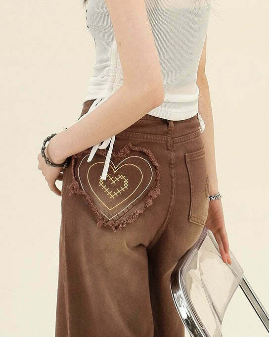 Heart Pocket Brown Jeans - Trendy Y2K Grunge & Preppy Fashion for Stylish Outfits