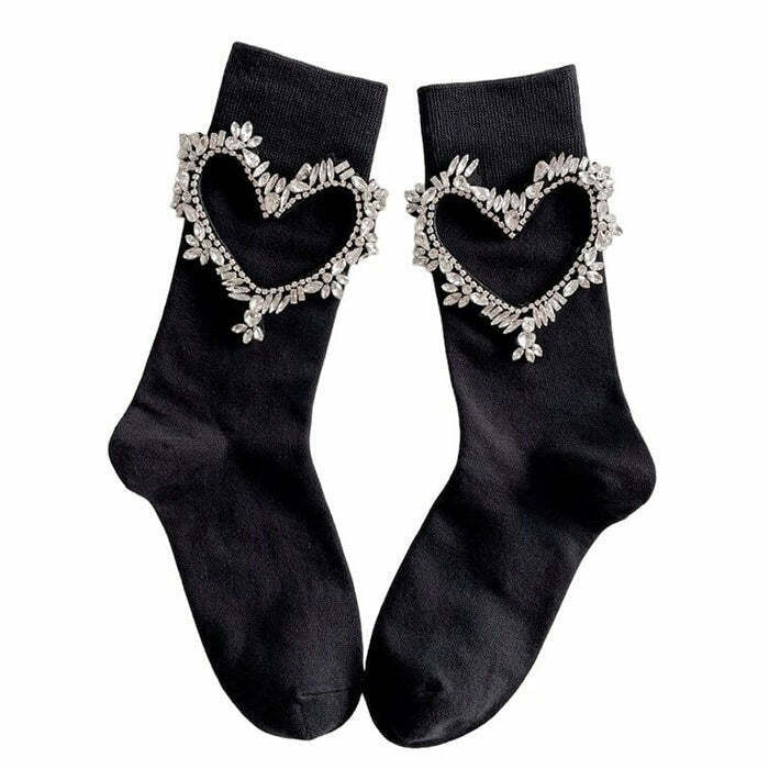 Heart Rhinestone Socks for Y2K Style: Retro Futurism & Grunge Fashion Essentials