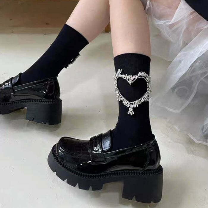 Heart Rhinestone Socks for Y2K Style: Retro Futurism & Grunge Fashion Essentials