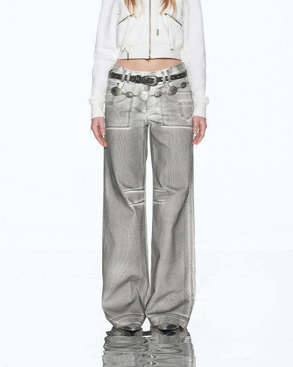 High Fashion Silver Jeans for Women - Trendy Y2K Style, Grunge & Cyber Aesthetic