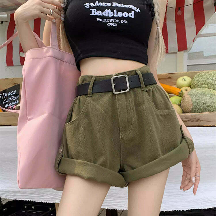 High-Waisted Khaki Shorts for Y2K Grunge and Gothic Style - Retro 2000s Fashion Essential