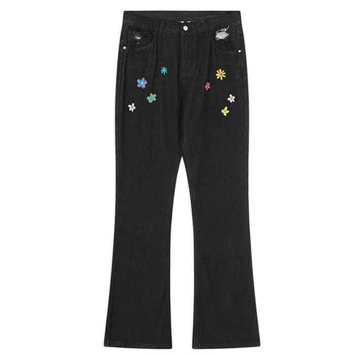 Indie Aesthetic Flower Embroidery Jeans for Y2K Grunge and Punk Style Fashion