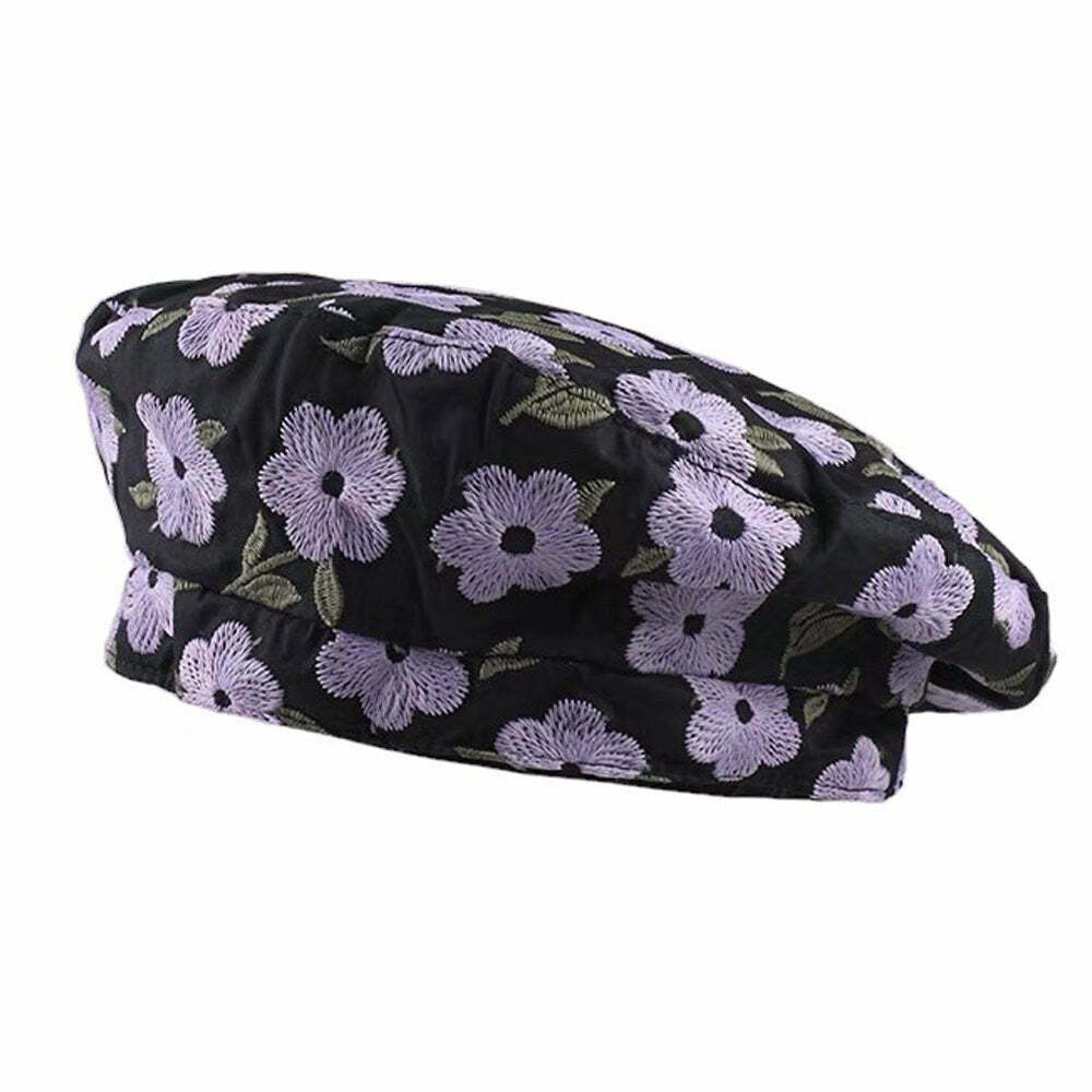 Indie Kid Floral Embroidery Beret Hat - Y2K Fashion Revival for Trendy Outfits and Parties