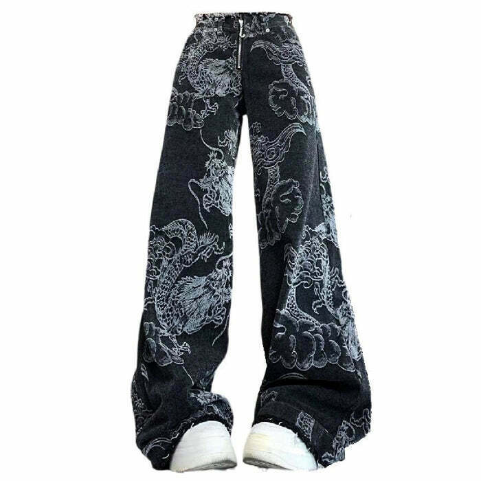 Japanese Dragon Aesthetic Jeans for Y2K Retro Style - Trendy Black Denim for Unique Outfits