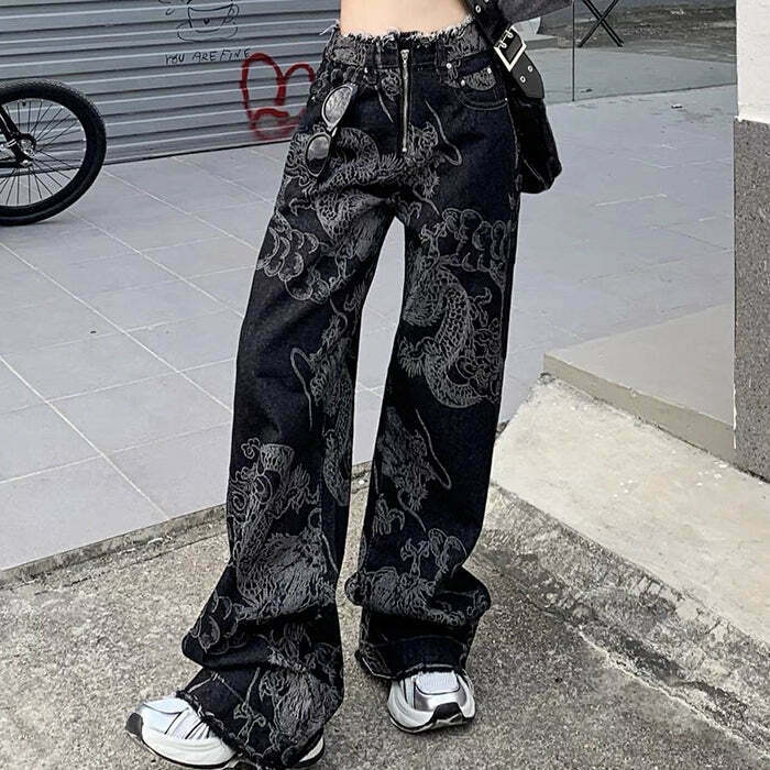 Japanese Dragon Aesthetic Jeans for Y2K Retro Style - Trendy Black Denim for Unique Outfits