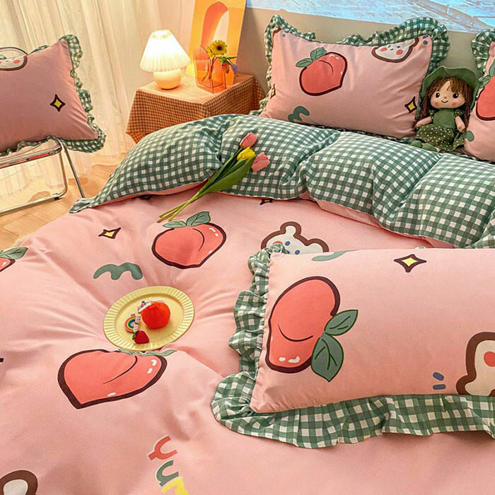 Kawaii Peach Bedding Set - Y2K Grunge & Fashion-Inspired Bedding for Trendy Bedrooms