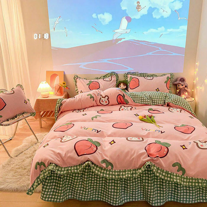 Kawaii Peach Bedding Set - Y2K Grunge & Fashion-Inspired Bedding for Trendy Bedrooms