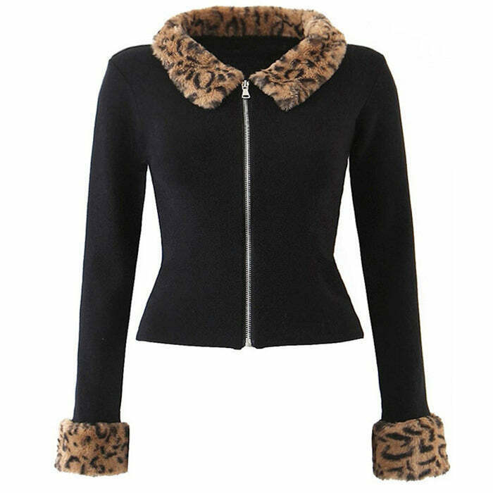 Leopard Trim Zip Up Cardigan - Y2K Fashion Essential for Popstar Style & 90's Outfits