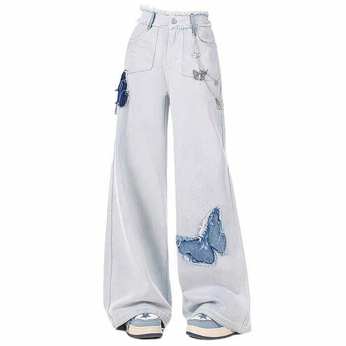 Light Blue Butterfly Aesthetic Jeans for Y2K Fashion Lovers - Trendy Butterfly Design