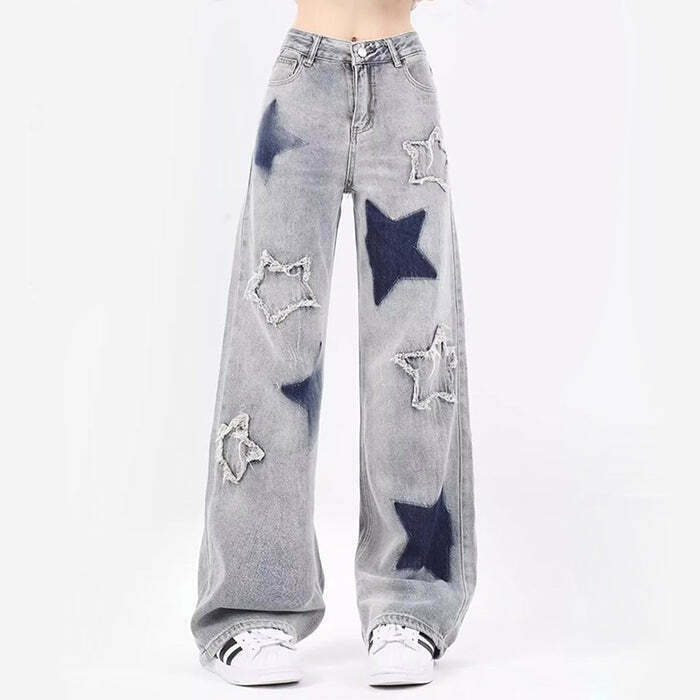 Light Blue Y2K Star Jeans - Trendy Baggy Style for a Chic Look - All Star Jeans Collection