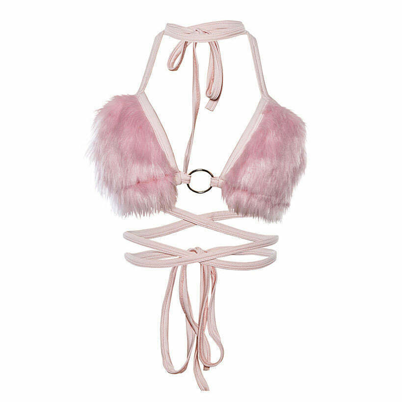 Light Pink Fuzzy Bra Top for Y2K Style: Trendy Baggy Outfits & Grunge Fashion Must-Have