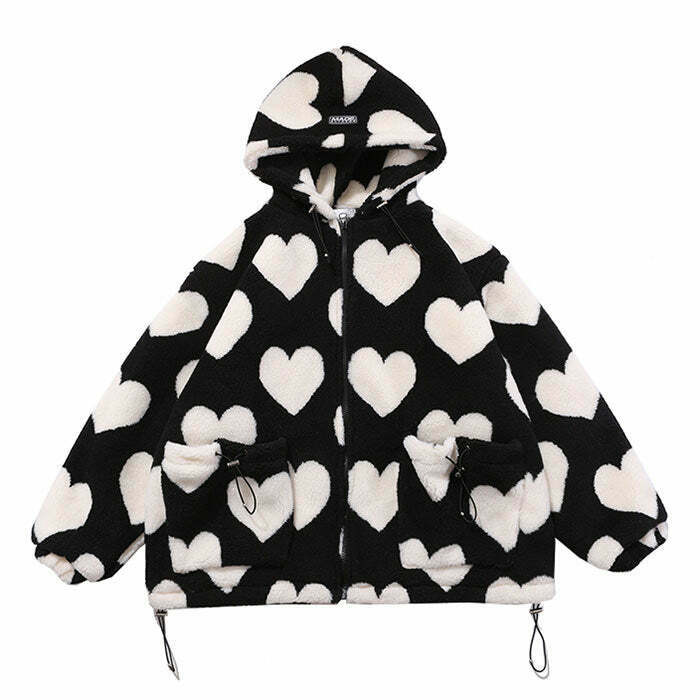 Love Bites Reversible Oversize Fleece Hooded Jacket - Retro Y2K Style for Trendy Looks