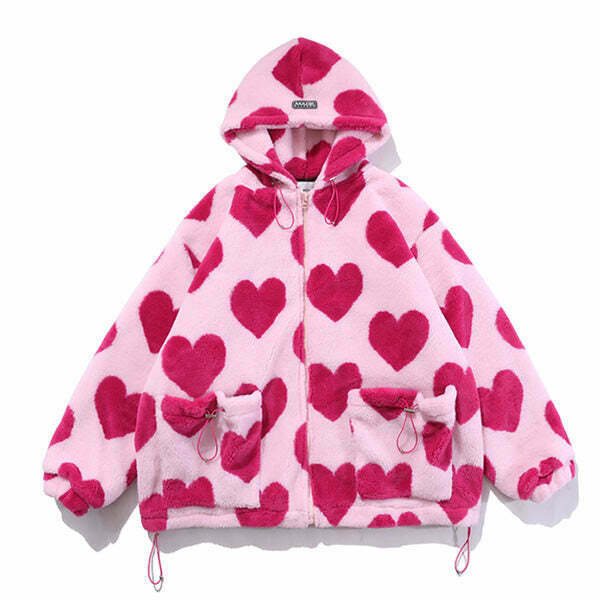 Love Bites Reversible Oversize Fleece Hooded Jacket - Retro Y2K Style for Trendy Looks