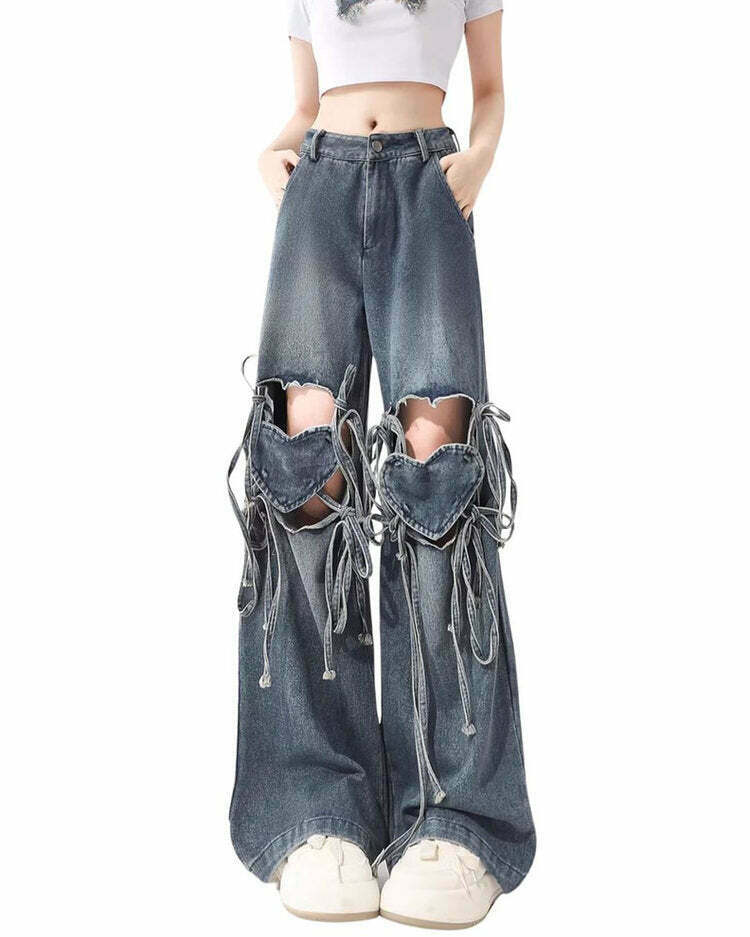 Love Knot Knee-Heart Denim Pants - Comfy Y2K Style for Grunge Fashion Lovers 2024