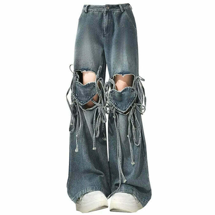 Love Knot Knee-Heart Denim Pants - Comfy Y2K Style for Grunge Fashion Lovers 2024