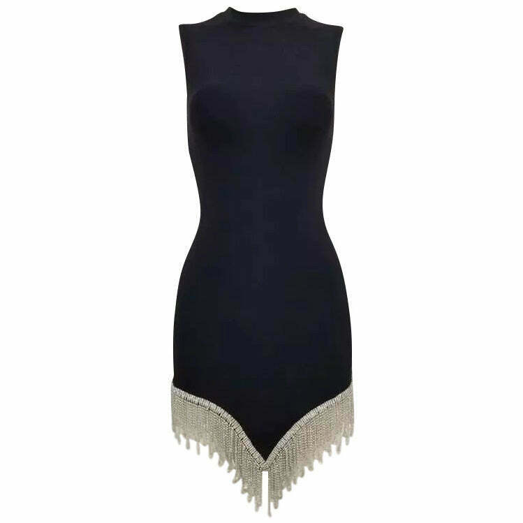 Midnight Rhinestone Fringe Dress - Y2K Fashion Statement for Parties & Popstar Looks